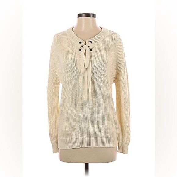 JOA Los Angeles Cream Shaker Knit Lace Up Crewneck Sweater Sz S - Picture 2 of 9